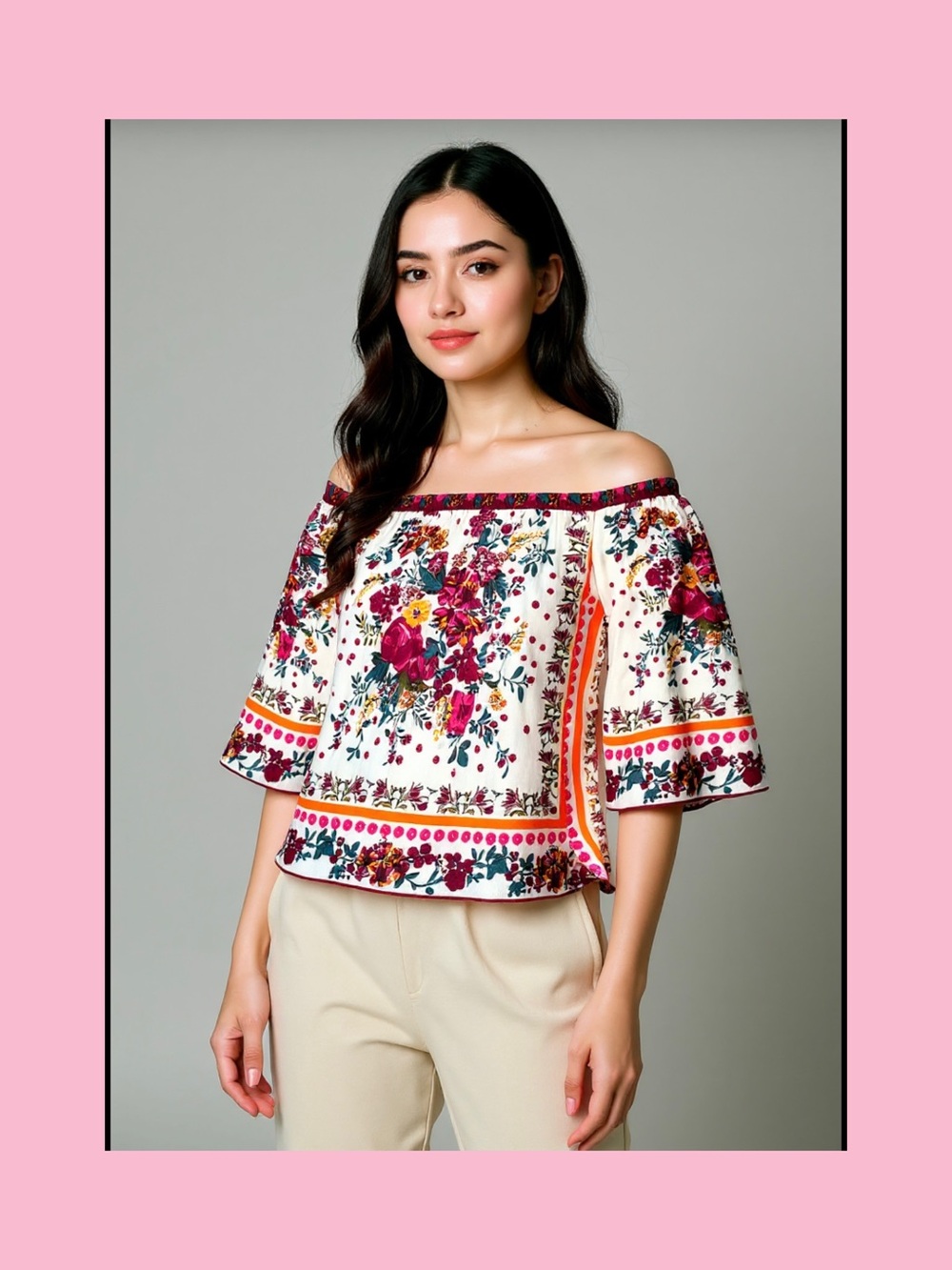Rue21 Off-Shoulder Floral Top - White with Pink & Burgundy Accents